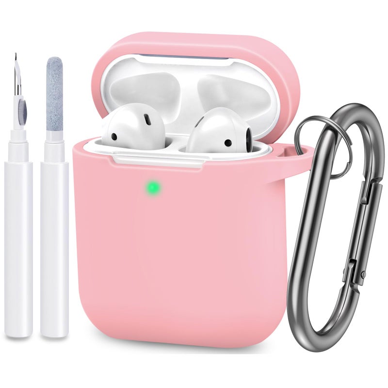 ATUAT Compatible with AirPods Case Cover, Full Protective Silicone Skin Dust-Proof Designed for Apple AirPods 1st 2nd Generation with Keychain, Front LED Visible, Pink - Image 1